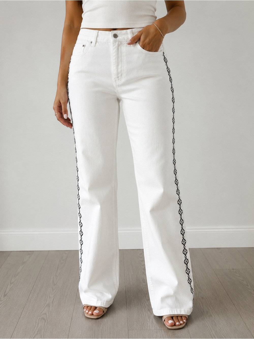 Lauren Ralph Lauren White Wide-Leg Jeans with Black Side Stitching
